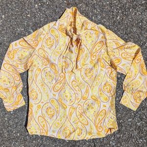 Vintage 1970s Orange Yellow Paisley Silky Pussycat Bow Button Down Shirt L Retro